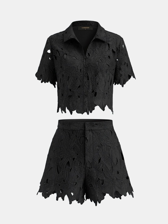Commense Pants - Commense Black Floral Lace Cropped Shirt & Shorts Set